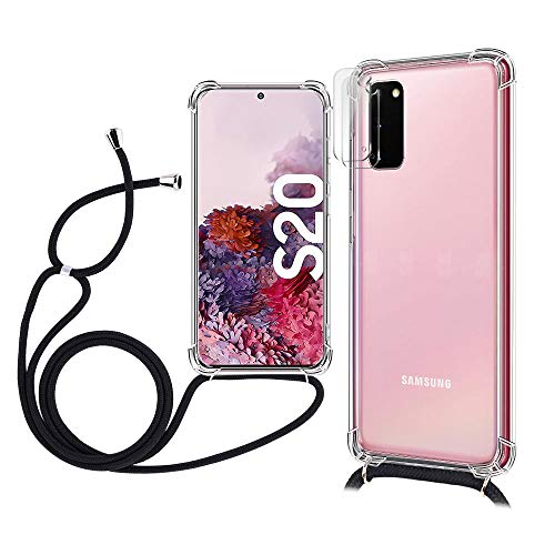 Topace - Cadena para teléfono móvil + cámara de cristal blindado (2 unidades) para Galaxy S20 5G, funda con cordón para colgar, funda protectora transparente de silicona acrílica para Samsung S20