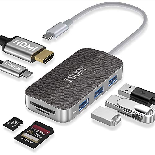 TSUPY HUB USB C HDMI, Adaptador USB C OTG con HDMI 3 USB3.0 5Gbps Type C Carga Power Delivery Lector de Tarjetas SD/TF Docking Station para Macbook, Más Dispositivos di Tipo C