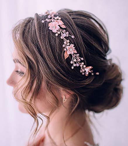 Unicra Diadema de novia para el pelo de la novia con flores de vid y hojas simples, accesorios para el pelo de novia para mujeres y niñas (oro rosa)