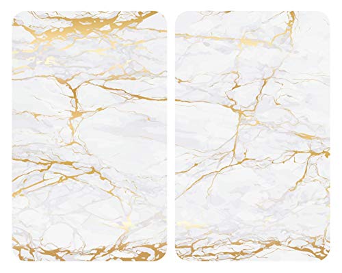 WENKO Placas cobertoras de vidrio universal Oro de mármol, Cubierta de cocina, juego de 2 unidades, para todos los tipos de cocinas, Vidrio endurecido, 30 x 52 cm, Blanco
