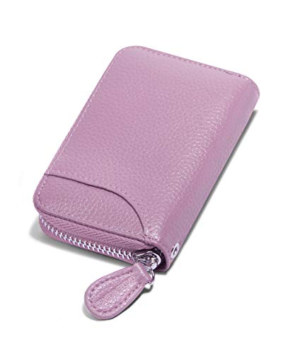 Womens Credit Card Holder Small RFID Blocking Ladies Wallet with Stainless Steel Zipper Excellent Genuine Leather Accordion Wallets Case for Women ID Compact Slim Blocked Zip Accordian Cards Purple