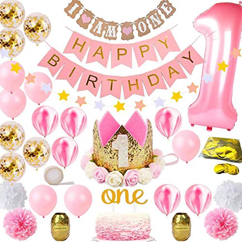Wuudi Decoración de cumpleaños para niña, color rosa, 1 año, juego de decoración de primer cumpleaños con globos de princesa, color rosa