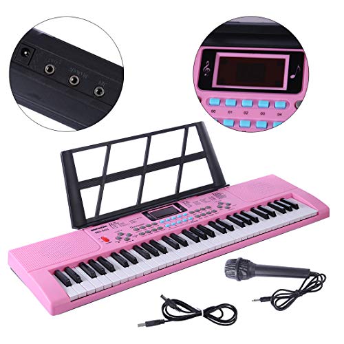 YAKOK Piano Infantil, 61 Teclas Electrico Piano Bebe Teclado con Microfono Juguetes Musicales para Niños y Niña 3-12 años, USB/Baterias (Rosa)