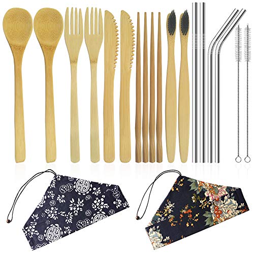 YuCool - Juego de 2 cubiertos de bambú, utensilios de bambú reutilizables y portátil, incluye cuchillo de bambú, tenedor, cuchara, palillos y cepillo de bambú con pajitas de acero inoxidable