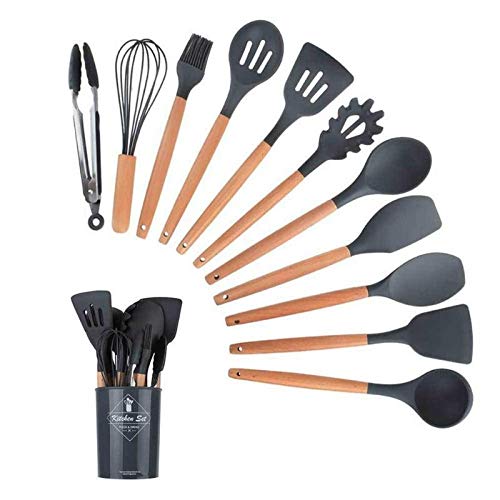 12 unids silicona utensilios de cocina utensilios de cocina conjunto de cocina resistente al calor herramientas de hornada de mango de madera antiadherente con caja de almacenamiento (Color : Negro)