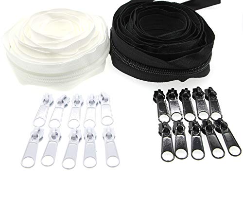 # 3 cremalleras de nailon para coser en espiral de The Yard Bulk, 10 yardas, colores blanco y negro con 20 deslizadores combinados para bolsas de manualidades Leekayer (blanco y negro)