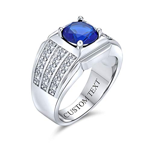 AAA Cubic Zirconia Simulated Blue Sapphire Pinky Ring 3 Row Pave 3 CT CZ Solitaire Mens Engagement Ring Wide Band Silver Plated Custom Engraved