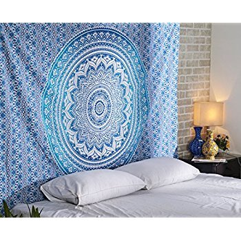 Aakriti Gallery Tapestry Queen Ombre Gift Hippie Tapestries Mandala Bohemian Psychedelic Intricate Indian Bedspread 92x82 Inches (Blue)