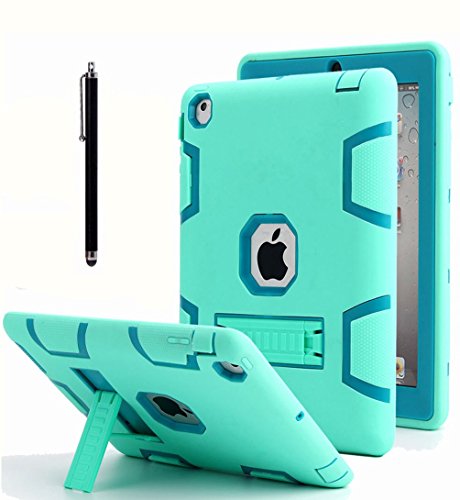 AICase Kickstand Funda iPad 2,iPad 3,iPad 4 resistente a los golpes de alto impacto,caucho resistente, funda protectora de armadura híbrida robusta de tres capas con lápiz óptico (Menta Azul+Verde)