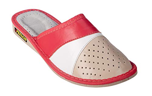 Apreggio - Zapatillas de Mujer Hechas de Cuero - Suela de Goma Firme - cómodo de Llevar - Suave - Producto 100% Natural - Hecho a Mano (Rojo, 37)