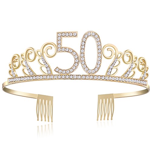 BABEYOND - Tiara de cumpleaños, diseño de princesa, color rosa o plateado, diamantes felices 18/20/21/30/40/50/60/90 Oro de 50 años. Talla única