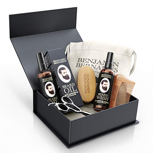 Beard Grooming Kit by Benjamin Bernard - Scissors, Oil, Wash, Wooden Comb and Brush Package Set - Natural Skin Moisturizer, Cleanser and Conditioner - Complete Moustache Growth Care Gift Box for Men