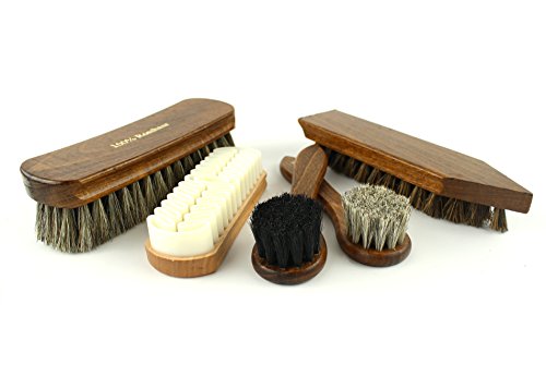Berckland Juego completo de 5 cepillos para zapatos – Fabricado en Alemania – Incluye cepillo de limpieza – Juego de 2 – Cepillo abrillantador – Cepillo de nubuck para limpieza y cuidado