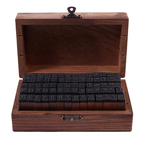 bobotron Sello de goma con letras del alfabeto y número, caja de madera, estilo impreso, 70 unidades