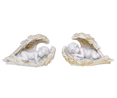 Brillibrum Juego de 2 figuras decorativas de ángel dormido, piedra artificial, color blanco y dorado