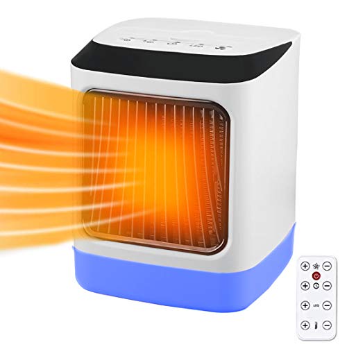 Calefactor de cerámica de 1000 W, bajo consumo, 2 segundos, 7 colores LED con mando a distancia, ventilador de 3 modos, silencioso, para escritorio, oficina, cocina, dormitorio