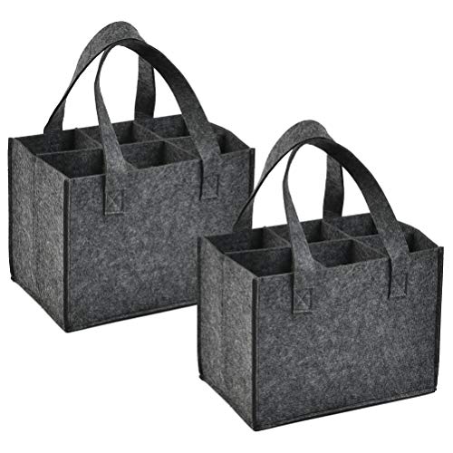 CENBEN 2 Piezas Bolsa de Vino de Fieltro Grueso con Asa, Bolsa de Almacenamiento para Botella de Vino, 6 Compartimentos, Lavable Reutilizable con Divisor Extraíble - Gris Oscuro 24 x 16 x 16CM