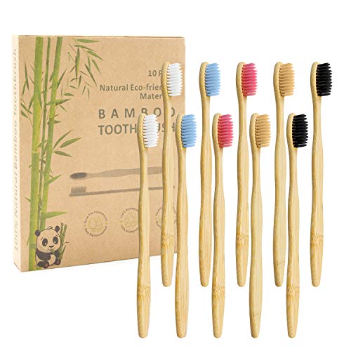 Cepillo de Dientes de Carbón de Bambú 10 PAQUETE - 5 Colores Cerdas Suaves Naturales de Cepillo de Dientes de Bambú - Cepillo de Dientes de Bambú Ecológico Biodegradable para Uso Familiar