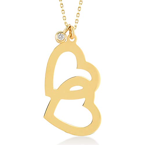 Collar de mujer con corazón de oro amarillo 585 de 14 quilates con dos corazones unidos y diamante de 0,01 ct, regalo para cumpleaños, día de San Valentín, cadena de 45 cm