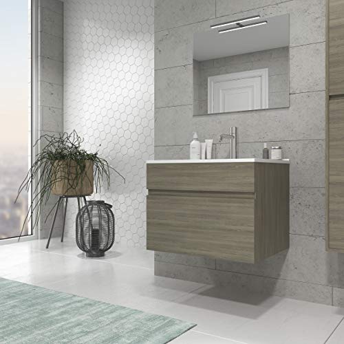 CTESI Conjunto de Mueble de baño Suspendido con Lavabo de Porcelana y Espejo - 1 cajón - El Mueble va MONTADO - Modelo Soki (60 cms, Estepa)