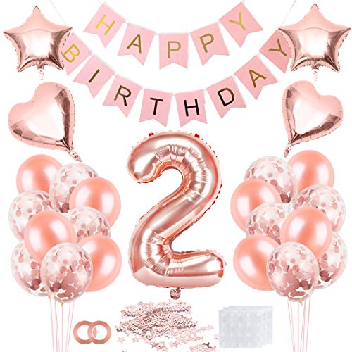 Cumpleaños Globos 2, Decoración de cumpleaños 2 en Oro Rosa, Feliz cumpleaños Decoración Globos 2 Años, 2 Globos de Confeti y Globos de Aluminio para niñas y Mujeres