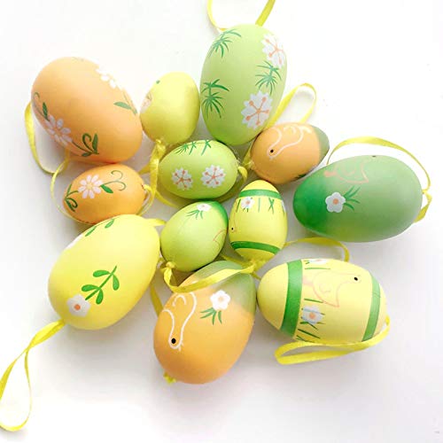 Decoración de Pascua, 12 huevos de Pascua pintados a mano, para colgar, decoración de Pascua con bonitos diseños, en diferentes tamaños, tamaño: 6 cm, 4 cm #2