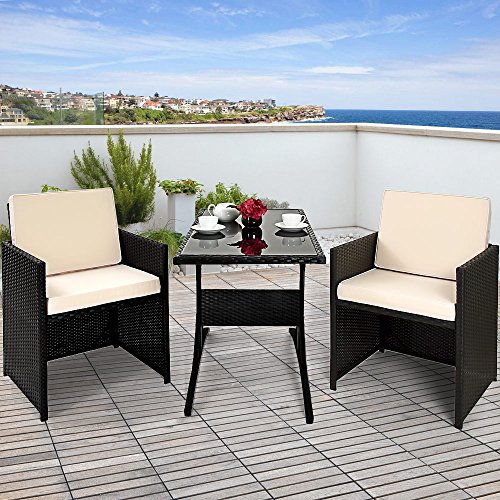 Deuba Conjunto de muebles para balcón Cube de Poliratán 1 mesa 2 sillas 4 cojines compacto Negro jardín terraza patio