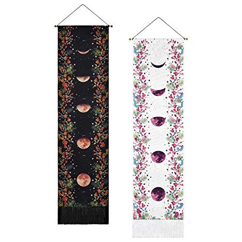 Elloevn - Juego de 2 tapices cambiantes de fase lunar, con borlas, flores psicodélicas coloridas, tapiz negro y blanco, decoración de pared para habitación, 130 x 32 cm