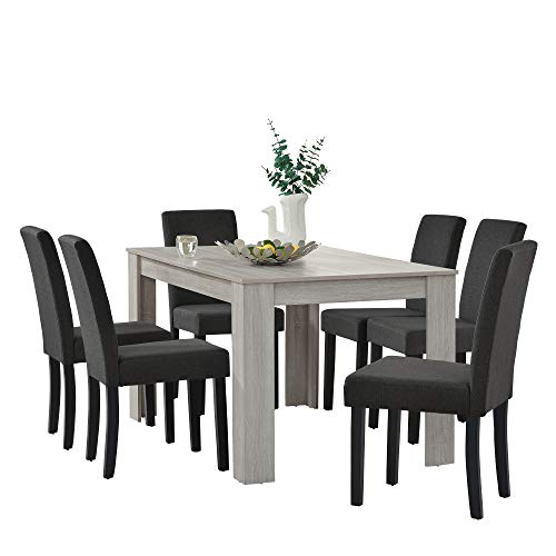 [en.casa] Set de Comedor Elegante Mesa de diseño Roble con 6 sillas Gris Oscuro - 140x90cm