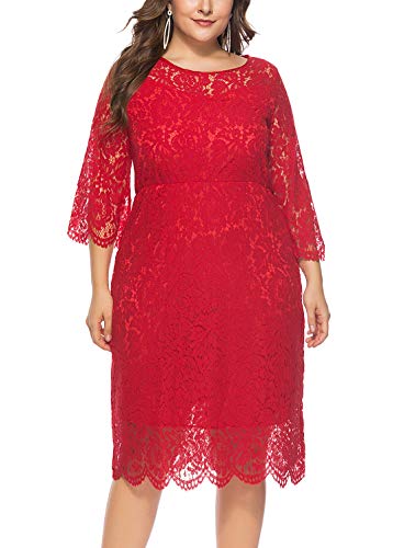 FEOYA - Vestido de Fiesta con Encaje de Mujer Falda Larga Elegante Talla Grande para Ceremonia Boda Banquete Viaje Rojo - Talla 4XL/ES 56