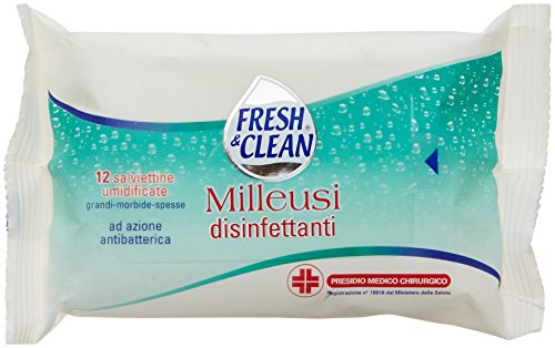FRESH & CLEAN DISINFECTANT MILLEUSI Toallitas húmedas antibacterianas, toallas individuales desinfectantes suaves, paños gruesas descartables, elimina virus y bacterias, multiusos, 12 unidades