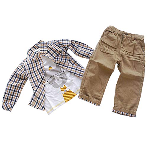 ggudd Niño Bebé Tartán Tops y Koala Impreso Camisa y Pantalones 3pcs Conjuntos de Ropa (Caqui, 6-7 años)