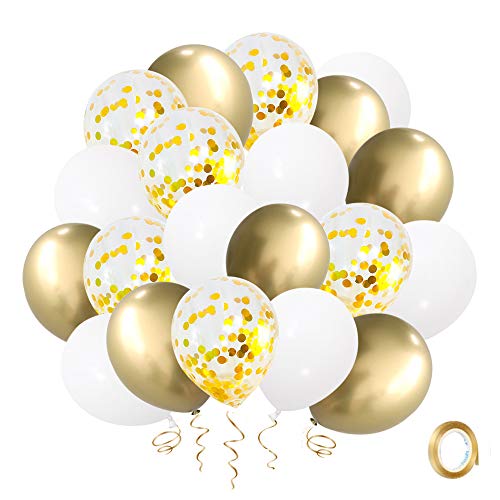 Globos de Confeti Oro, Globo de Látex Blanco de 12 pulgadas con Cinta Dorada para la Graduación del Cumpleaños de la Boda Decoración Nupcial de la Fiesta de(50 piezas)