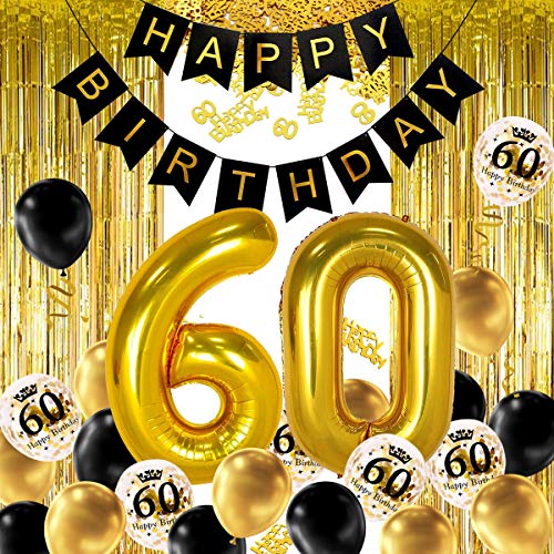 iZoeL Decoración para fiesta de cumpleaños de 60 años, diseño de helio, número 60, XXL, 2 franjas doradas, confeti de látex, confeti de mesa para hombre y niña y mujer aniversario