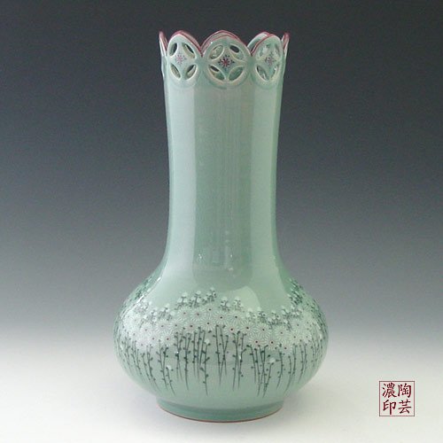 Jarrón con Celadón de Corea Esmalte con Incrustaciones Patrón de Crisantemos Diseño Verde Decorativo Porcelana Cerámica Decoración Doméstica