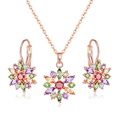 Jösva - Juego de joyería para mujer, collar y pendientes de flor de oro rosa con circonitas cúbicas multicolor y colgante con cadena de 48 cm