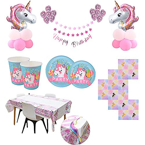 Kit de Artículos para Fiesta Cumpleaños Infantil Niña Unicornio - Vajilla Desechable Rosa y Decoración