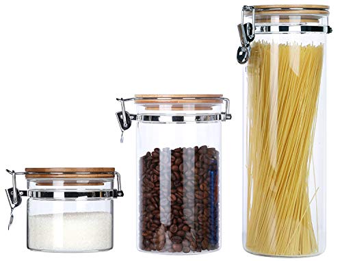 KKC Tarros de cristal con tapa, herméticos, para almacenar alimentos, granos de café, cereales, espaguetis, tarros de cristal con tapa, juego de 3 piezas (2 L, 1,2 L, 0,45 L)