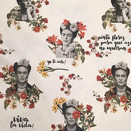 Kt KILOtela Tela por Metros de loneta Estampada Digital - Half Panamá 100% algodón - Ancho 140 cm - Largo a elección de 70 en 70 cm | Frida Kahlo - Viva la Vida