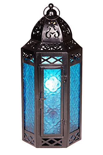 Linterna Oriental de Metal y Cristal Liyana 30 cm de Altura Azul | Luces de Viento marroquí | Faro de Cristal para Interior | Lámpara para Exterior | Linterna de jardín
