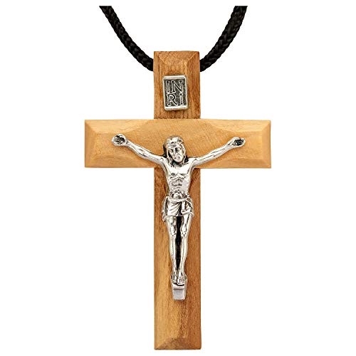 MaMeMi Cadena con crucifix, auténtica madera de olivo y acero inoxidable, hecho a mano en el Santo País de aprox. 5 x 3 cm