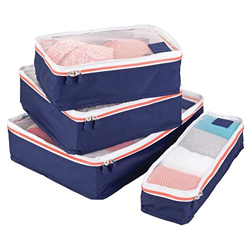 mDesign Juego de 4 cajas de almacenamiento con cremallera – Bolsas de tela o bolsas de viaje para maletas o bolsos – Bolsas con cierre y malla de poliéster transpirable – azul marino, blanco y naranja