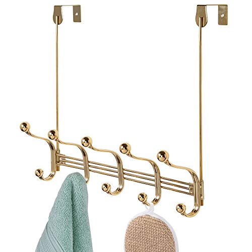 mDesign Práctico perchero metálico – Perchero de pared con 10 ganchos para la cocina, el pasillo o el baño – Perchero con ganchos para colgar abrigos, chaquetas, bufandas y toallas – dorado latón