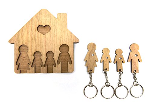 Mimi keyholders - Colgador de llaves Familia con dos hijos, con conjunto de llaveros, madera blanca