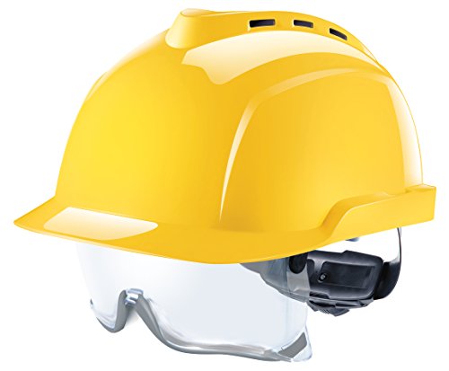 MSA V-Gard 930 | Casco de Seguridad Industrial | DIN EN 397 | con Ventilación y con Suspensión de Rueda de Cremallera Fas-Trac | Incluyendo Gafas | Color: Amarillo