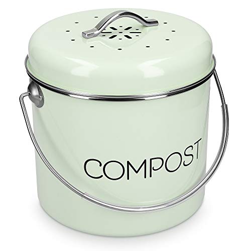 Navaris Cubo de Metal para Compost - Contenedor de Basura orgánica con Tapa y 3X Filtro - 19 x 20 CM - Compostera Vintage para la Cocina de 3 L