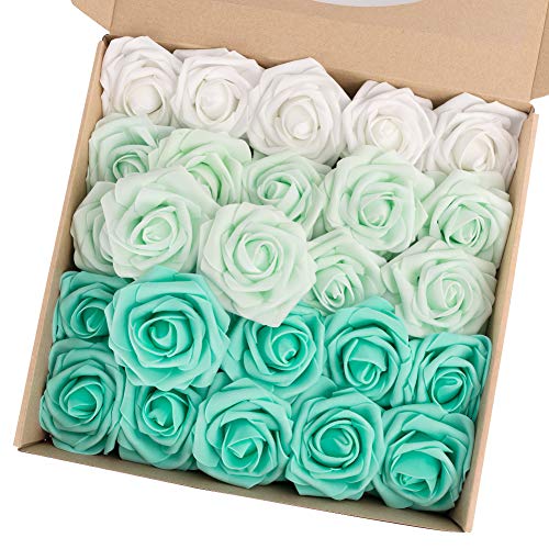 N&T NIETING 25 rosas artificiales para decoración de bodas, bodas, fiestas de nacimiento, decoración del hogar, color verde mezclado