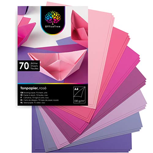 OfficeTree 70 Hoja de papel rosa A4-130g/m² niños cartulina para para hacer manualidades, diseñar - 7 tonos de rosa