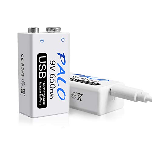 Palo USB 9v 650mAh Batería Recargable de Ion de Litio con Cable USB para Alarma de Humo de micrófono de Teclado (Paquete de 2 baterías USB y 1 Cable)