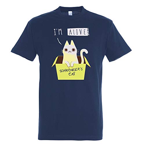 Pampling Camiseta Schrodinger's Night (Talla L) - ¡Brilla en la Oscuridad! - Gato - Ciencia - Color Azul Marino - 100% Algodón - Serigrafía